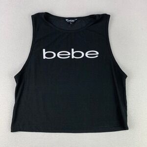 Bebe Sport Logo Tank Top Women L Black Y2K Mesh Sleeveless Crop Workout Tee
